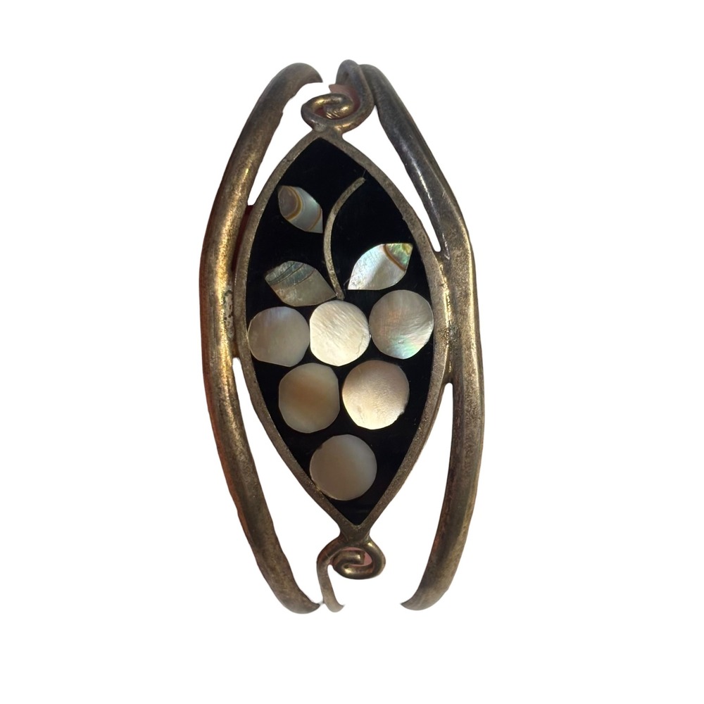 Alpaca Silver Abalone Mother of Pearl Inlay Floral Cuff Bracelet Black VTG